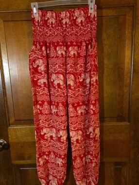 Women's Red Printed Harem Pants - Elephant Pattern